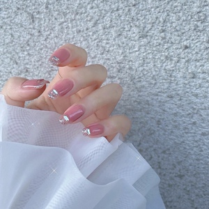 yz nail定制美甲手工穿戴甲简约裸色带钻美甲成品中长款假指甲