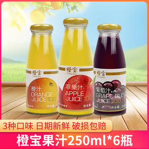 橙宝果汁纯果汁橙汁/苹果/葡萄汁饮料250ml*6瓶玻璃瓶多口味包邮