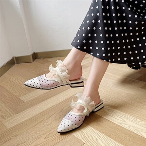 尖头单鞋女波点半拖鞋