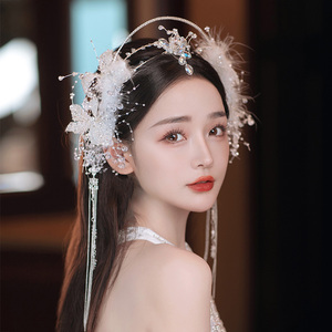 水舞A5030新娘头饰韩式白色减龄圣女冠羽毛发箍流苏结婚发饰品