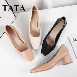 tata banna他她班纳穆勒鞋新款鞋2020女鞋粗跟高跟方头秋季头单鞋
