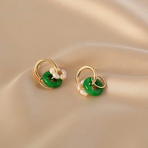 绿色天然玉石翡翠甜甜圈耳环女轻奢高级感珍珠耳圈925纯银针耳饰
