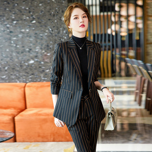 黑色竖条纹西装外套女士春秋新款洋气时尚气质女神范职业西服套装