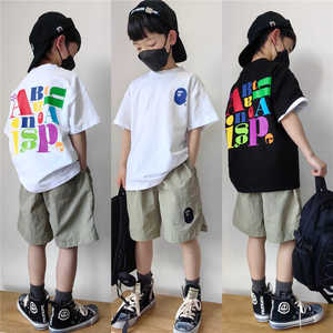 部分现货儿童亲子日本时髦童装新款猿人短袖彩字母T恤沙滩短裤H85
