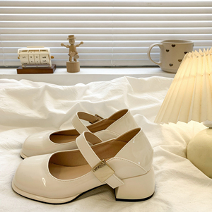 白色法式玛丽珍单鞋女中跟2024夏季新款粗跟气质英伦风JK小皮鞋子