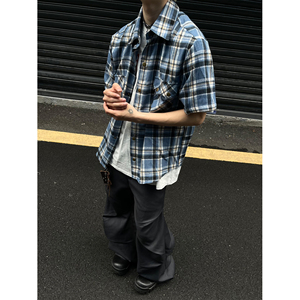 MaxDstr 美式复古多口袋工装格子衬衫衬衣短袖T恤男宽松潮牌上衣