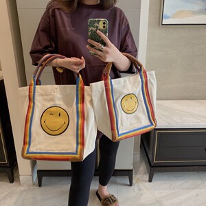anya经典帆布笑脸包购物袋迷你托特包彩虹织带购物袋安雅包帆布包