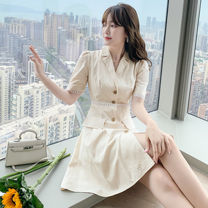 韩版小众V领西装领设计感短袖连衣裙2024夏季新款网红法式裙子女