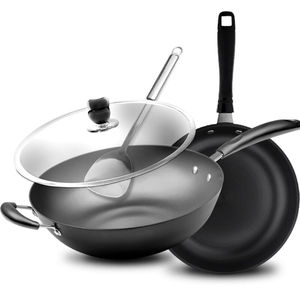 豪森铸铁炒锅34平底传统生铁锅不易粘锅无烟24煎锅电磁炉明火煤气