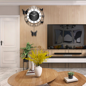 时尚蝴蝶摇摆铁艺挂钟客厅电视背景墙上装饰空白墙面创意挂件钟表