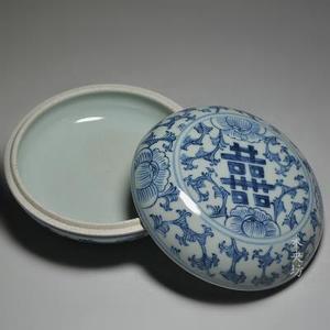 仿晚清民国青花喜字花卉纹大号印泥盒陶瓷文房用品仿古瓷器全手工