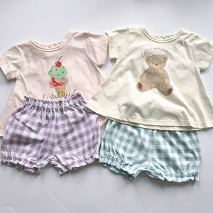 日单 80-140日系女童两色小熊冰淇淋短袖+格子短裤套装