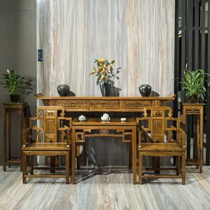 原木农村中堂六件套财神供桌八仙桌中式全实木条案玄关桌神台