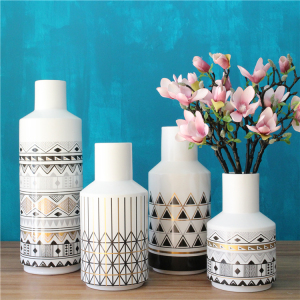 北欧简约现代高档大气几何图案烫金色线条陶瓷花瓶花器摆件装饰品
