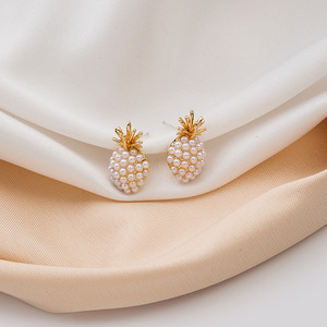 925银针小巧菠萝耳钉女个性简约创意珍珠耳环气质水果设计感耳饰
