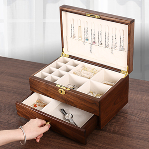 胡桃实木首饰收纳盒高档精致带锁饰品盒桌面摆件新中式抽屉装饰盒