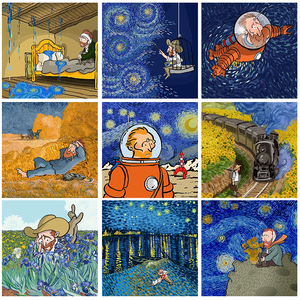 diy数字油画q版梵高星空手工绘画客厅装饰画卡通减压填充色油彩画