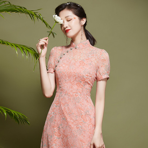 法式茶歇旗袍裙女夏季中国风年轻款粉色少女改良版雪纺短款连衣裙