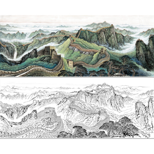 万里长城工笔画山水白描底稿靠山图国画稿用作临摹勾线打印稿fs05