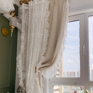 欧式ins美式复古奶茶米色法式风丝绒窗帘蕾丝公主风卧室客厅纱