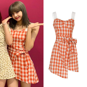 blackpink lisa同款橘红色复古格子绑带连衣裙2022法式舞蹈演出裙