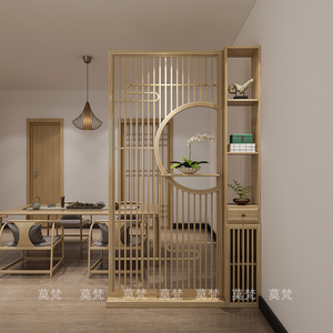 新中式半圆屏风隔断横板绿植客厅卧室遮挡玄关置物架实木栅栏座屏