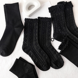 黑色袜子女中筒潮网红款配皮鞋乐福鞋穿的纯棉春季纯色短袜外穿夏