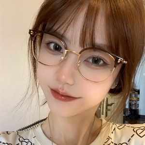 韩版茶色半框眼镜女款ins素颜圆框小脸眼镜框架潮防蓝光近视眼镜