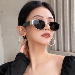 欧美复古椭圆框黑色墨镜女时尚博主凹造型眼镜街拍防紫外线太阳镜