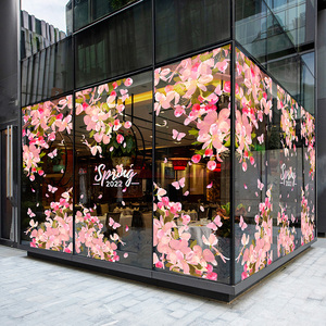 新年桃花玻璃门大包围春天门套超大整张静电贴迎春装饰服装店橱窗