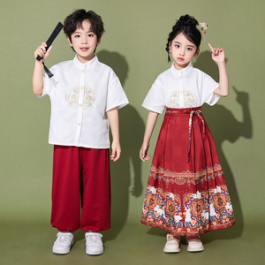 六一儿童中国风演出服女童红色马面裙大合唱表演汉服男童套装朗诵