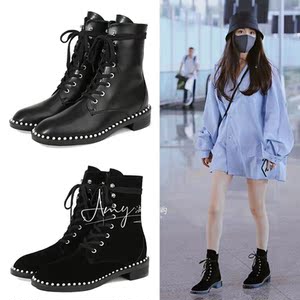 代购21秋冬新款sw杨幂同款珍珠马丁靴机车真皮平底系带百搭短靴女