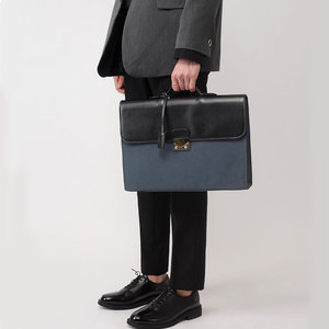 韩国潮牌男士手提包方形横款电脑包PU皮单肩包黑色商务出差公文包