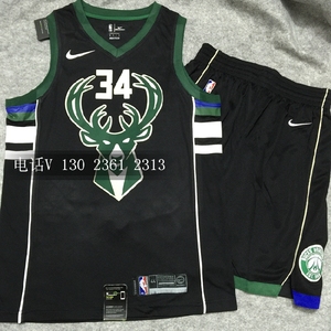 耐克nike nba雄鹿队字母哥球衣套装34号篮球服阿德托昆博短袖黑色