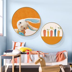 儿童房装饰画卧室床头背景墙壁画可爱兔子温馨治愈系圆形挂画北欧