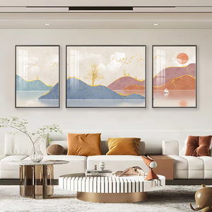 现代简约客厅三联画沙发背景墙装饰画大气轻奢晶瓷画山水壁画挂画