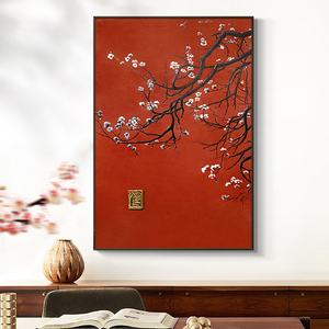 卓林油画手绘中国红茶室花卉挂画入户玄关装饰画餐厅壁画梅开五福