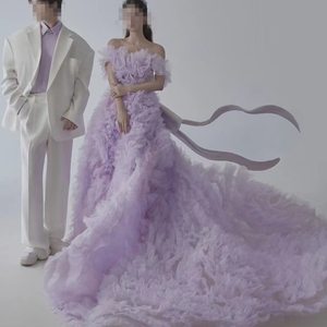 影楼紫色彩纱展会新款包邮旅拍拖尾礼服唯美森系主题服装公主婚纱