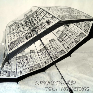 拱形公主可爱长柄伞创意蘑菇建筑图案透明晴雨伞加大加固韩国正品