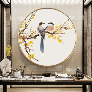 喜上眉梢新中式玄关圆形装饰画 喜鹊梅花中国风挂画 登枝进门壁画