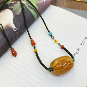 天然蜜蜡桶珠手工黄金编绳锁骨链项链「初遇原创」