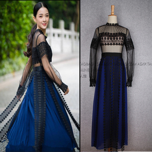 极光之恋赵韩樱子何静文同款蕾丝花边高领高腰开叉长裙连衣裙礼服