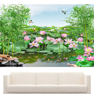 荷花池 莲花装饰画 竹报平安客厅电视沙发九鱼图山水风景墙贴画