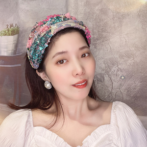 复古镶嵌发卡女粉彩色亮片镶钻发箍女宽边压发半帽盖白发头箍带齿