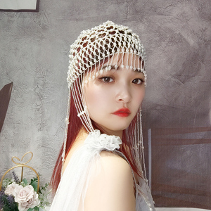 宫廷发卡女镂空珍珠流苏帽子仙女发饰串珠头饰高级感手工串珠帽子
