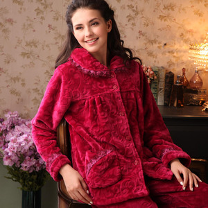 佐菲正品冬季女士长袖加厚保暖睡衣套装紫红法兰绒家居服