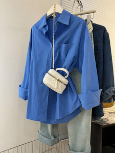 蓝色衬衫女春秋2024新款设计感小众休闲宽松叠穿长袖衬衣外套上衣