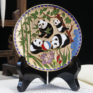 老北京手工景泰蓝熊猫盘子摆件铜胎掐丝珐琅80年代创汇老货珍藏