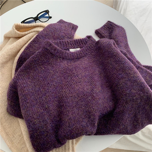 purple/杂色毛线廓形显瘦宽松慵懒风秋冬毛衣外套女
