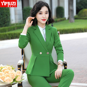 职业西装女套装绿色洋气美容师西服两件套气质时尚韩版白领工作服